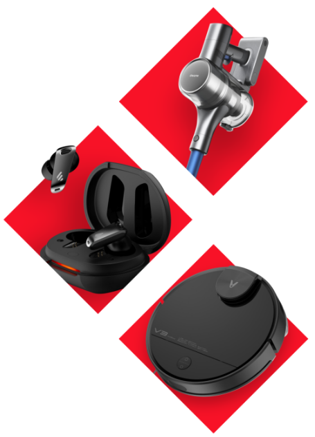 Staubsauger, Reinigungsroboter und kabellose Kopfhörer im Koffer