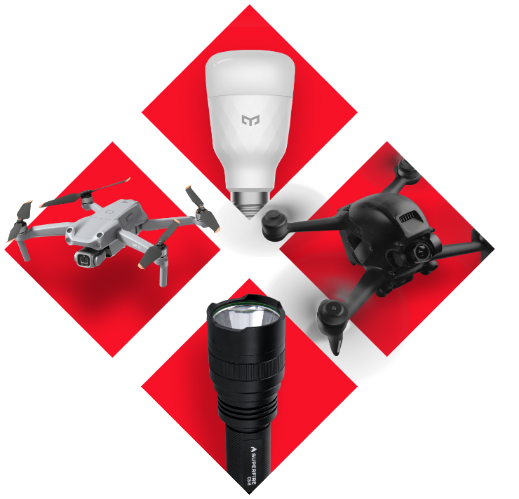 intelligente Glühbirne, zwei Drohnen und eine Taschenlampe